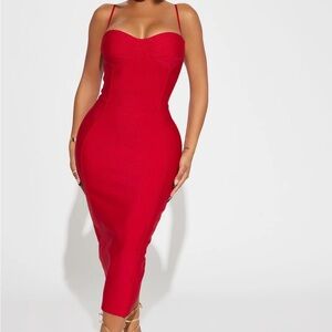 Fashion Nova Red Becky Bandage Midi Dress NWT